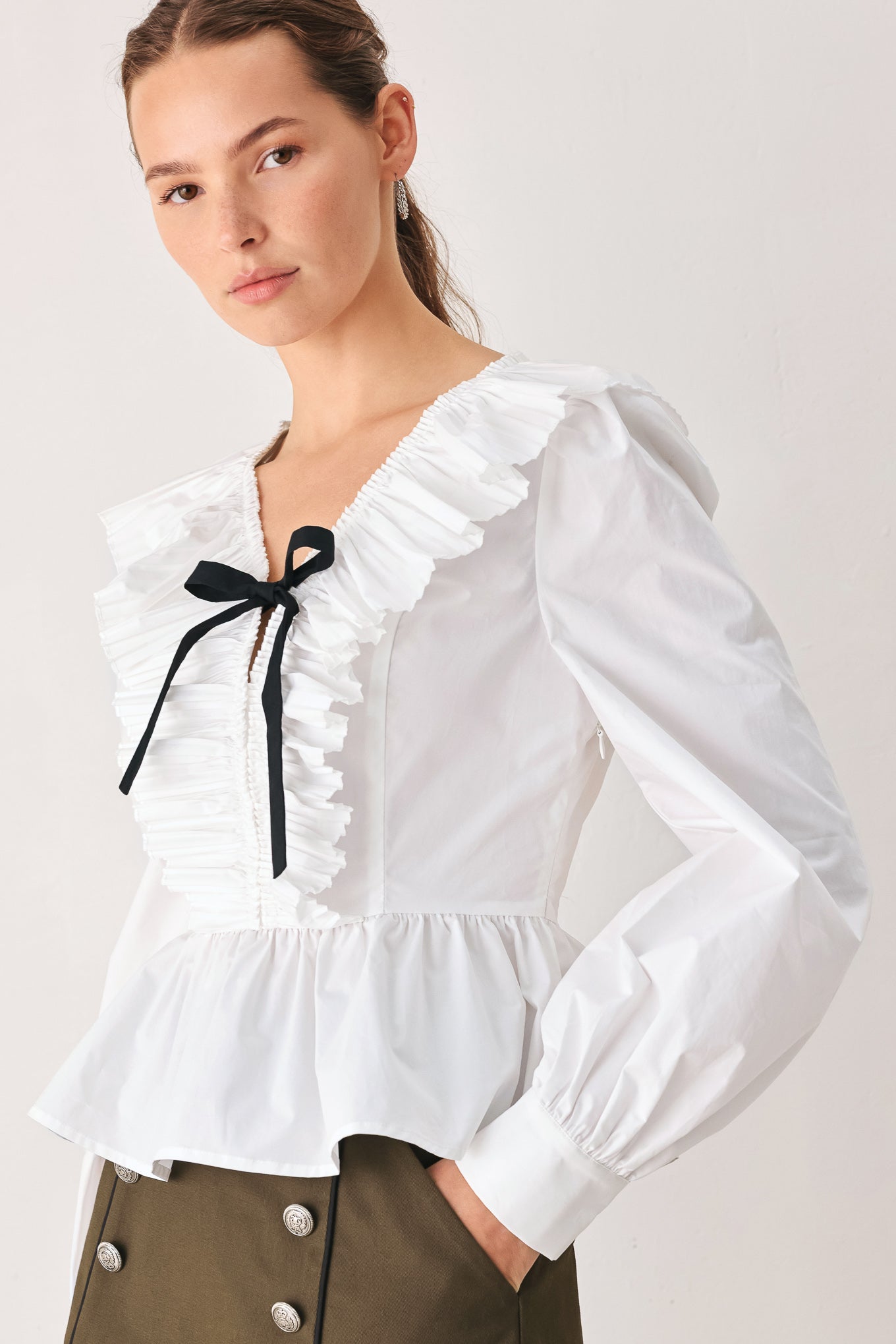 Long Sleeve Pleated Ruffle V-Neck Peplum Top WHITE