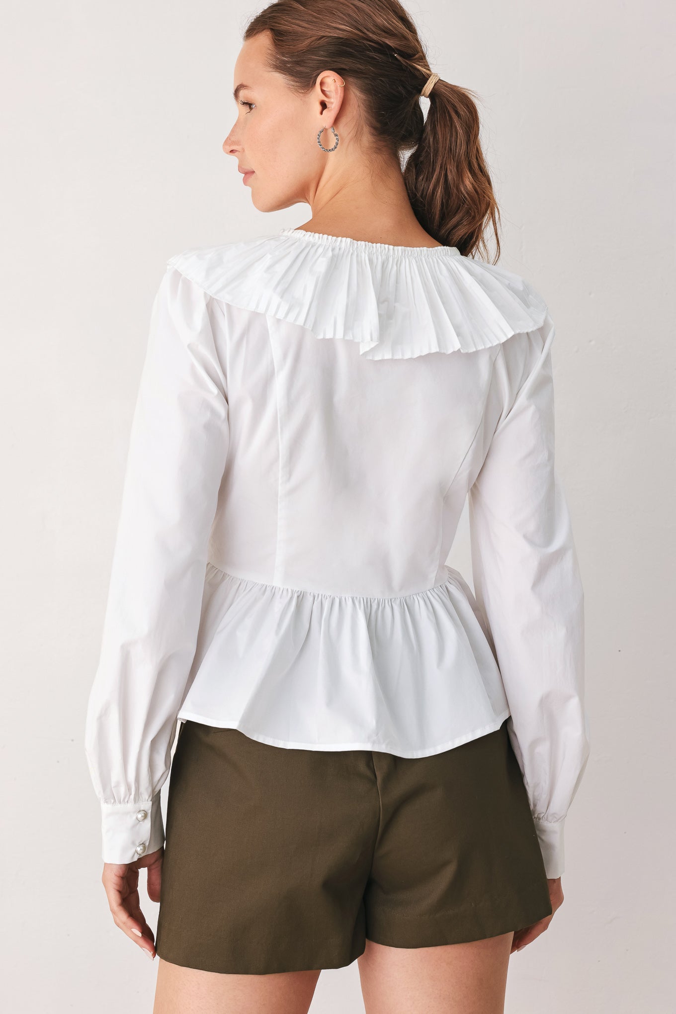 Long Sleeve Pleated Ruffle V-Neck Peplum Top