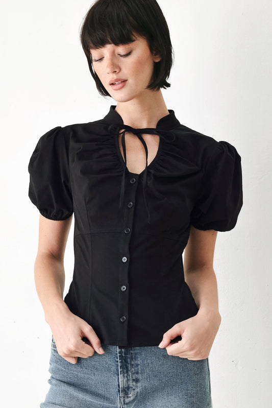 Fitted Button Up Puff Sleeve Top