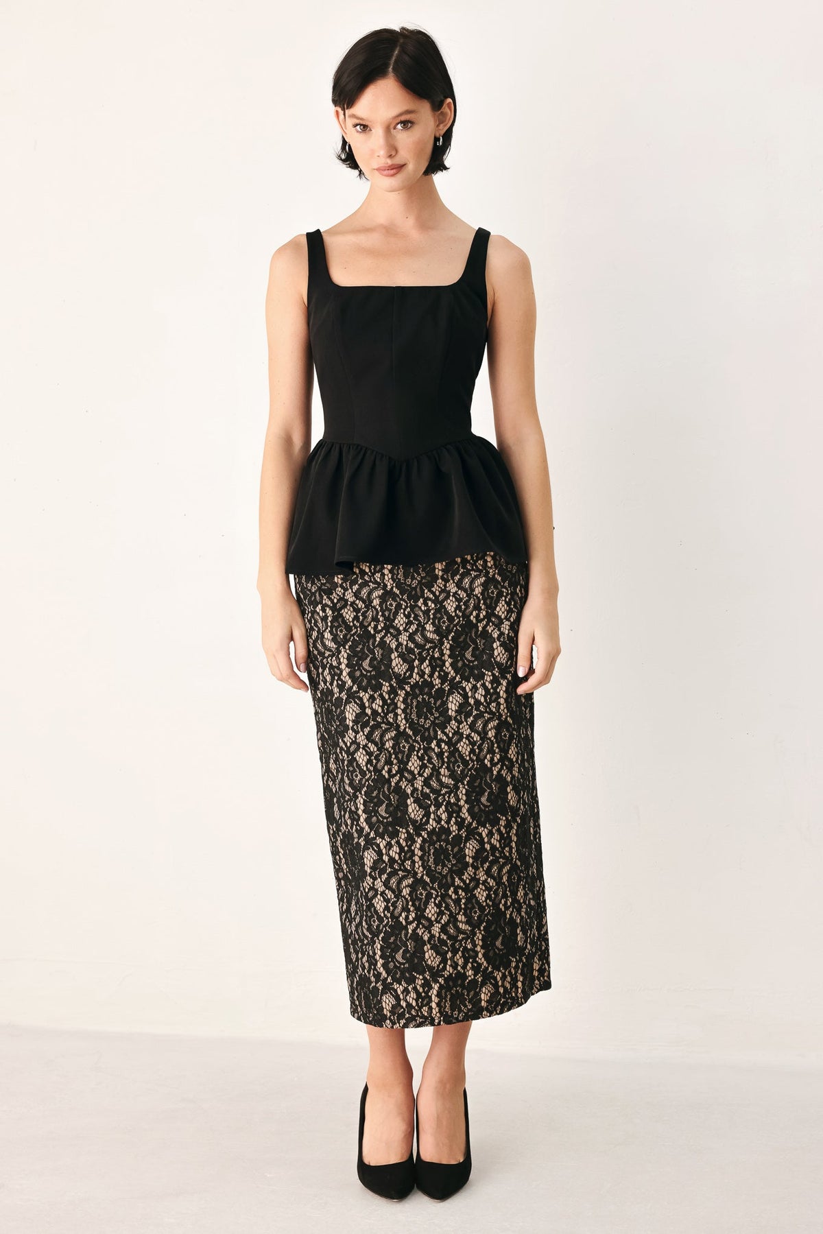 Black Square Neck Peplum Top with Structured Waist