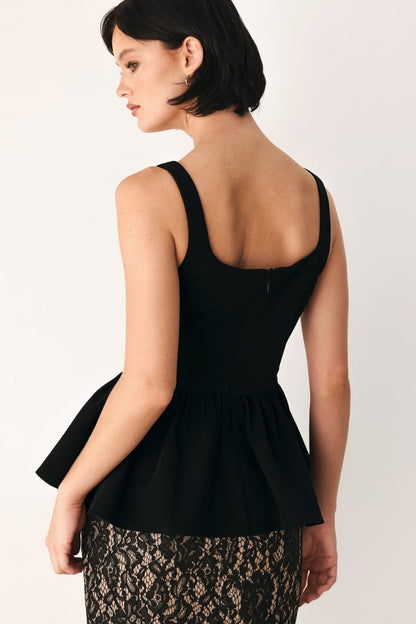 Black Square Neck Peplum Top with Structured Waist