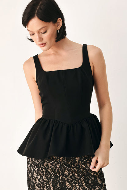 Black Square Neck Peplum Top with Structured Waist