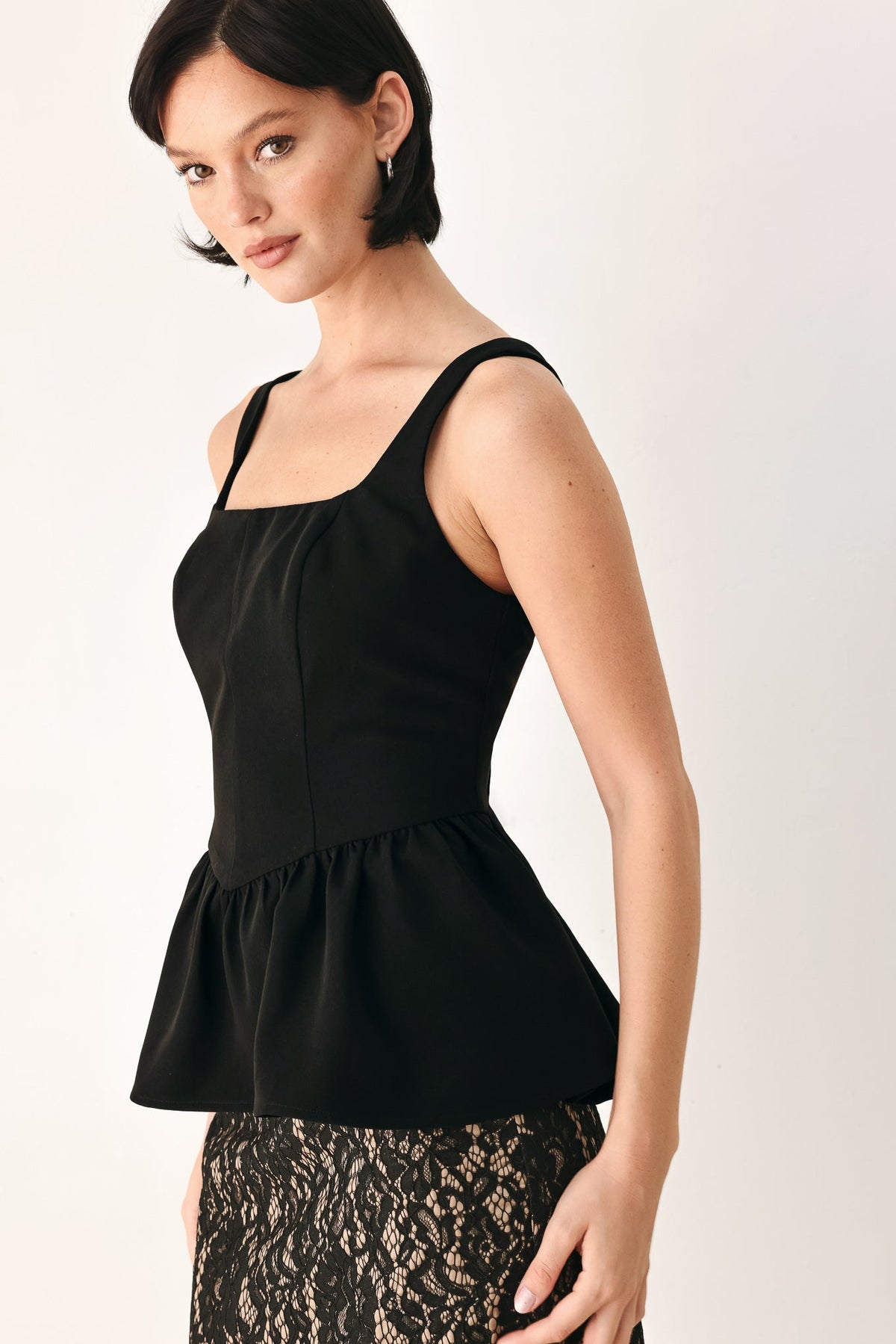 Black Square Neck Peplum Top with Structured Waist