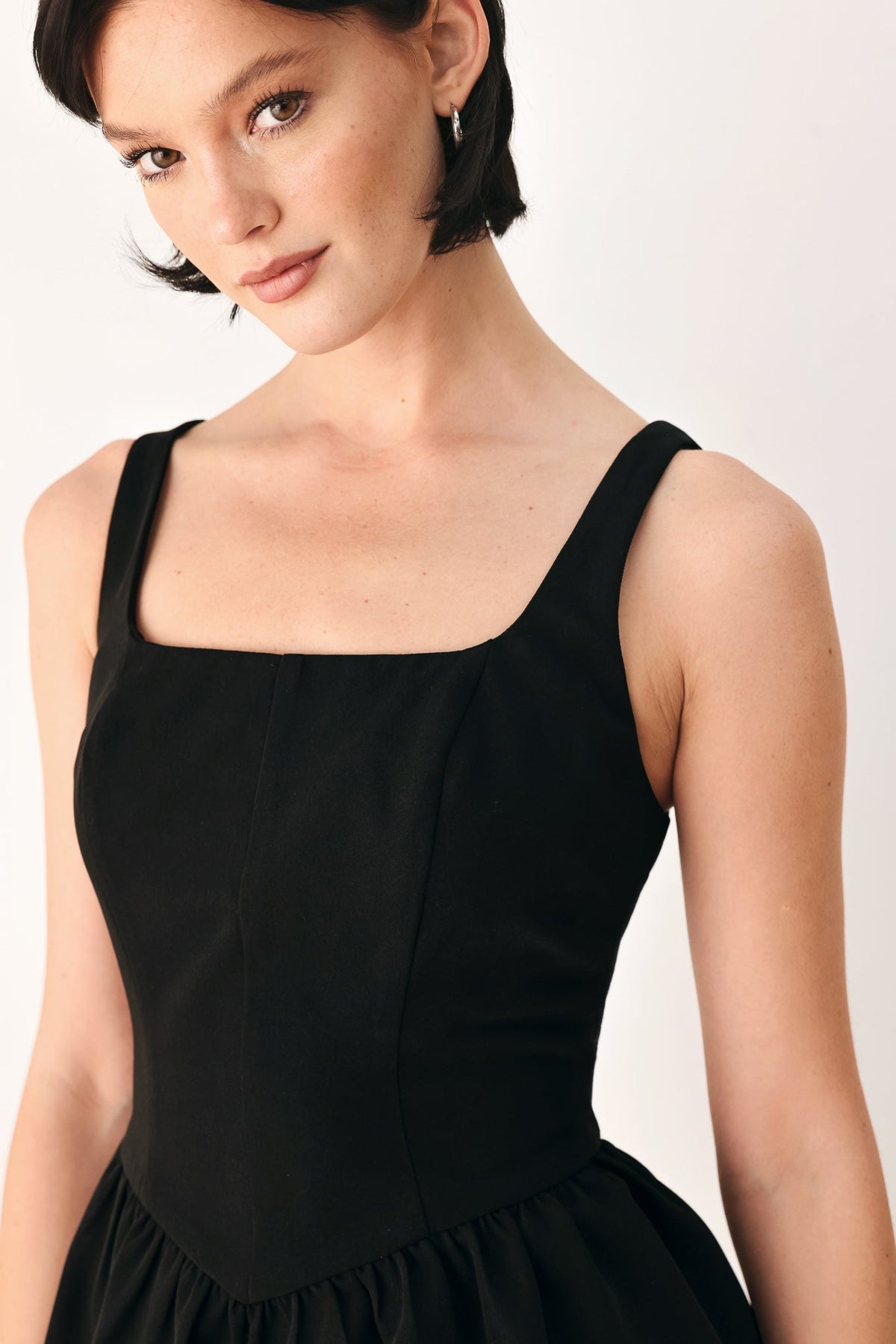 Black Square Neck Peplum Top with Structured Waist BLACK