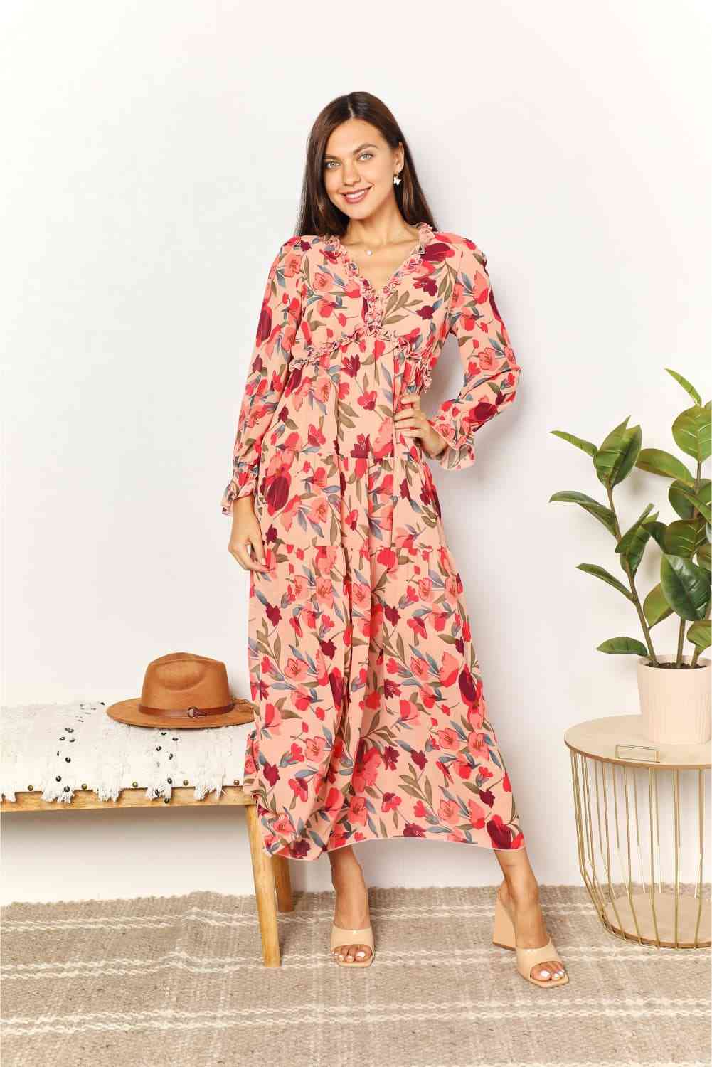 Floral Frill Trim Flounce Sleeve Plunge Maxi Dress for Women | Maxi Dresses | Ro + Ivy
