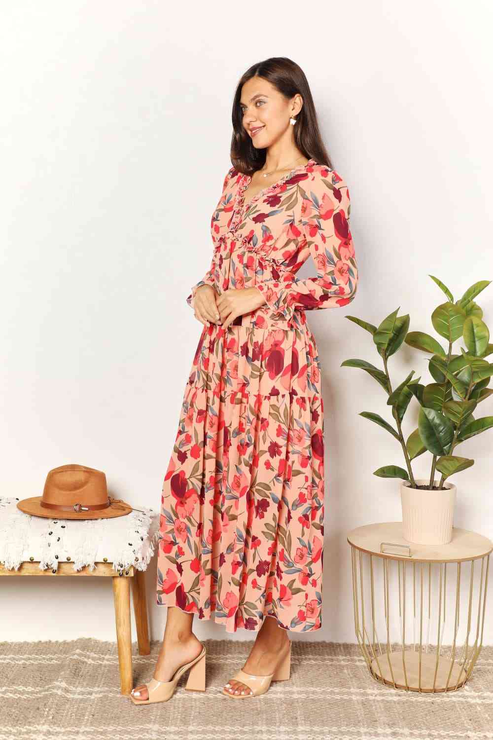 Floral Frill Trim Flounce Sleeve Plunge Maxi Dress for Women | Maxi Dresses | Ro + Ivy