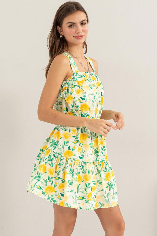 Floral Tie Shoulder Mini Dress – Yellow outfit idea for women | Ro + Ivy