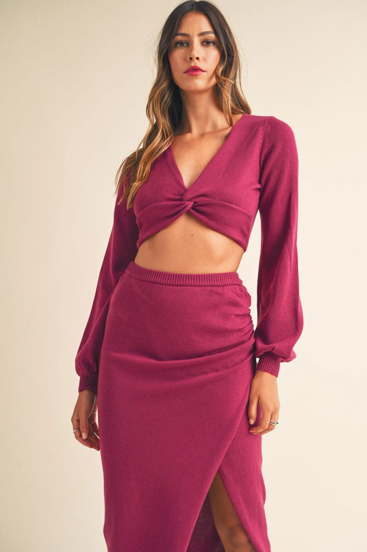 Front Twisted Knit Crop Top and Midi Skirt Set in Magenta - Ro + Ivy