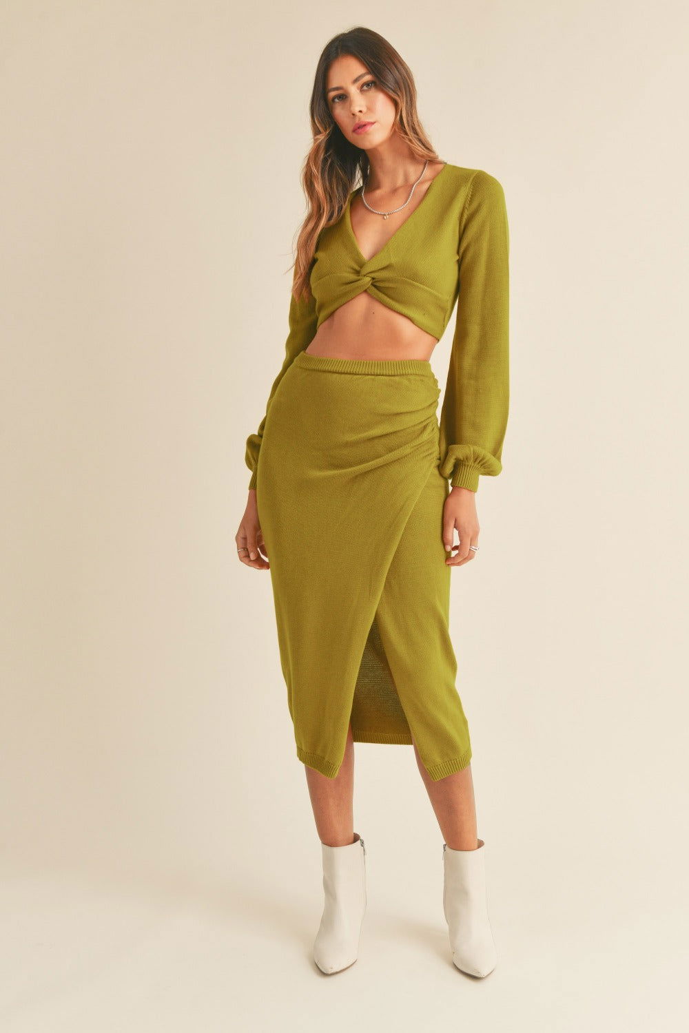 Front Twisted Knit Crop Top and Midi Skirt Set in Moss Green - Ro + Ivy