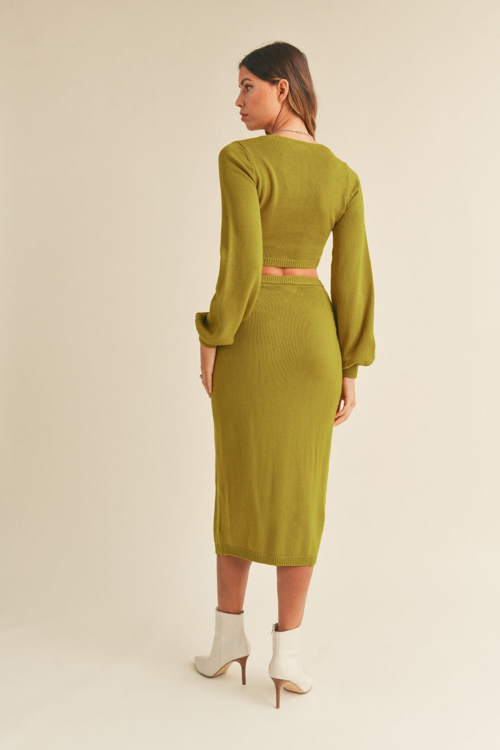 Front Twisted Knit Crop Top and Midi Skirt Set in Moss Green - Ro + Ivy