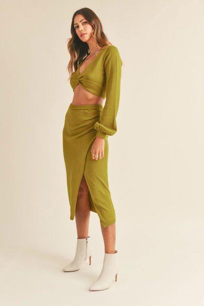 Front Twisted Knit Crop Top and Midi Skirt Set in Moss Green - Ro + Ivy