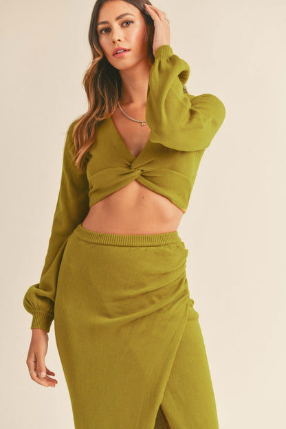 Front Twisted Knit Crop Top and Midi Skirt Set in Moss Green - Ro + Ivy