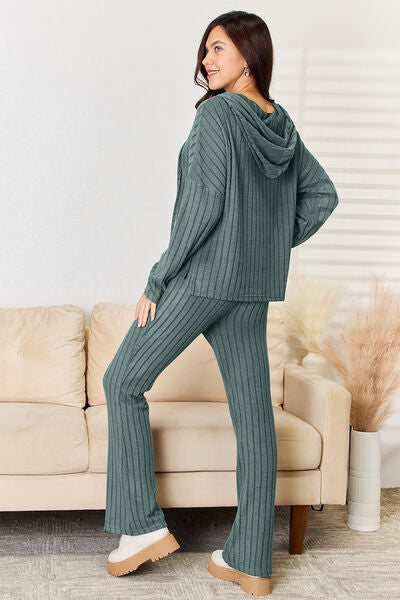 Full Size Women's Ribbed Hood Top and Straight Leg Pant Set | Loungewear | Ro + Ivy