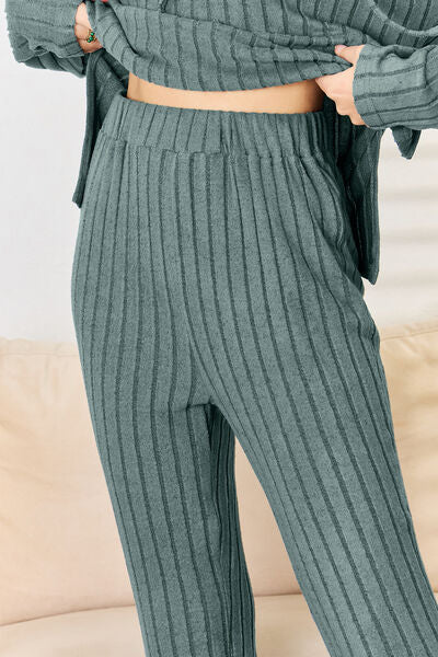 Full Size Women's Ribbed Hood Top and Straight Leg Pant Set | Loungewear | Ro + Ivy