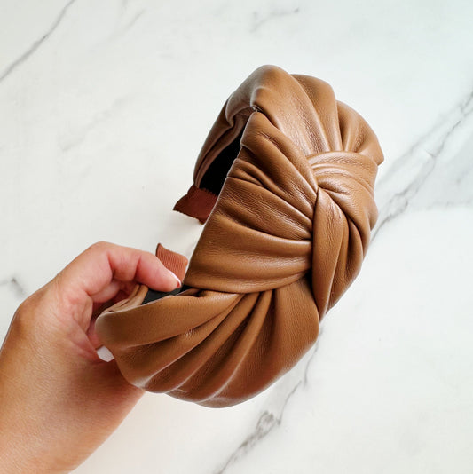 Timeless Knotted Leather Look Headband Sophisticated Everyday Hair Accessory Brown