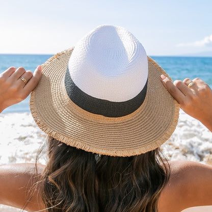 Fray Edge Color Block Panama Hat - Khaki Black White Straw Sunhat