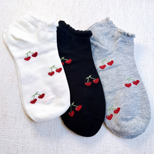Heart & Cherry Print Ankle Socks 3-Pack — Playful Novelty Design - Socks