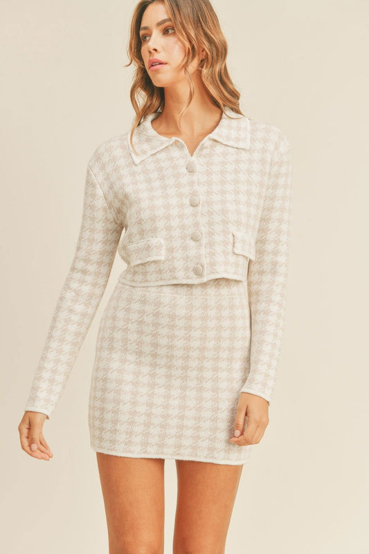 Houndstooth Button Up Knit Cardigan and Mini Skirt Set - Ro + Ivy