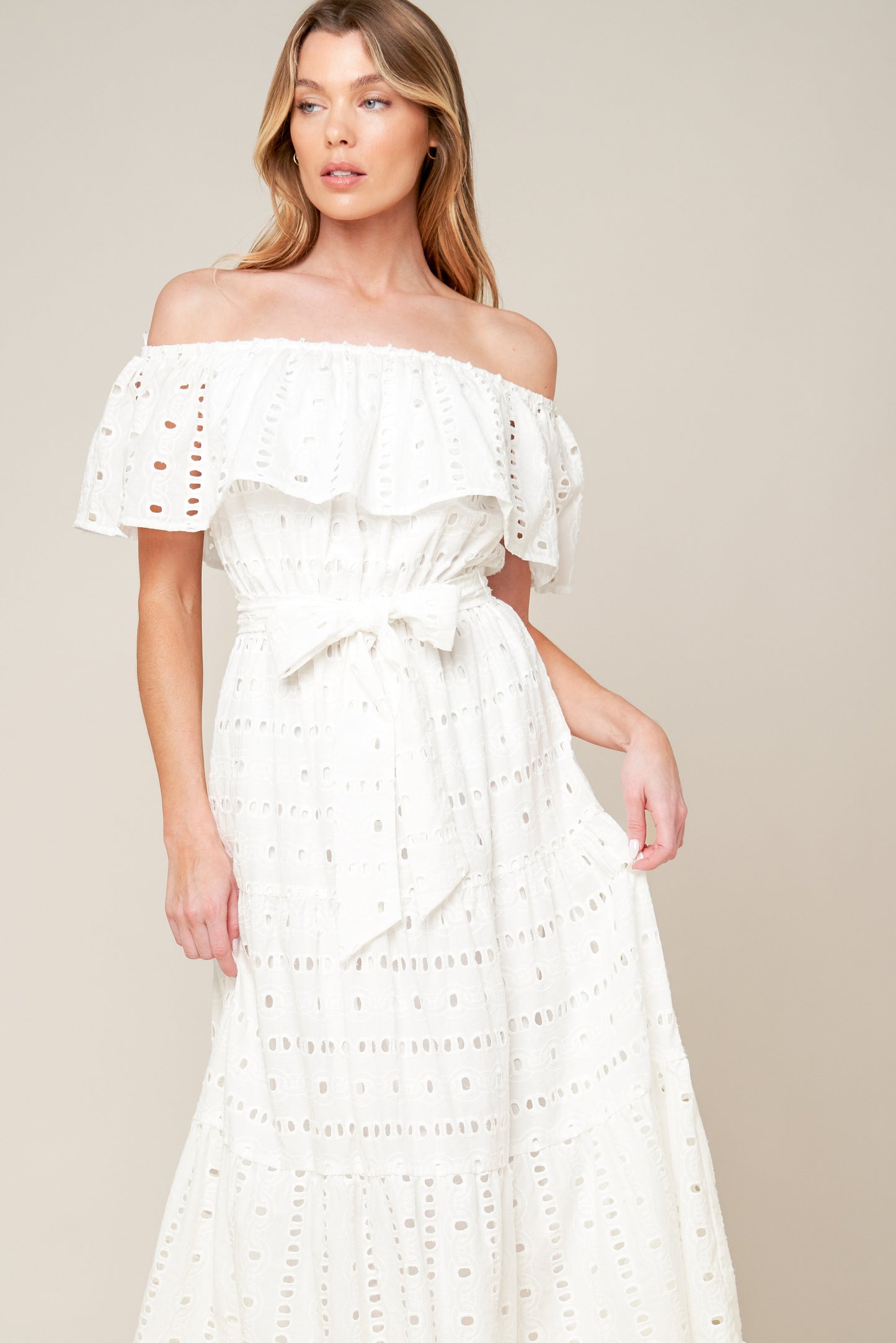 Off the Shoulder Eyelet Midi Dress with Tie Waist - Vacation Ready | Trendy Midi Dresses Outfit Idea for Women by Ro + Ivy | Elevated Basics, Modern Comfort & Style