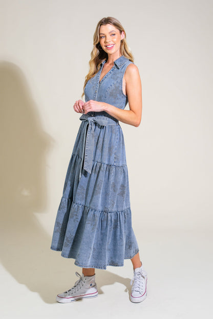 Tiered V-Neck Button Up Sleeveless Denim Midi Dress | Trendy Midi Dresses Outfit Idea for Women by Ro + Ivy | Elevated Basics, Modern Comfort & Style