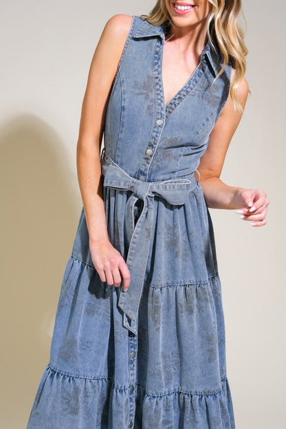 Tiered V-Neck Button Up Sleeveless Denim Midi Dress | Trendy Midi Dresses Outfit Idea for Women by Ro + Ivy | Elevated Basics, Modern Comfort & Style