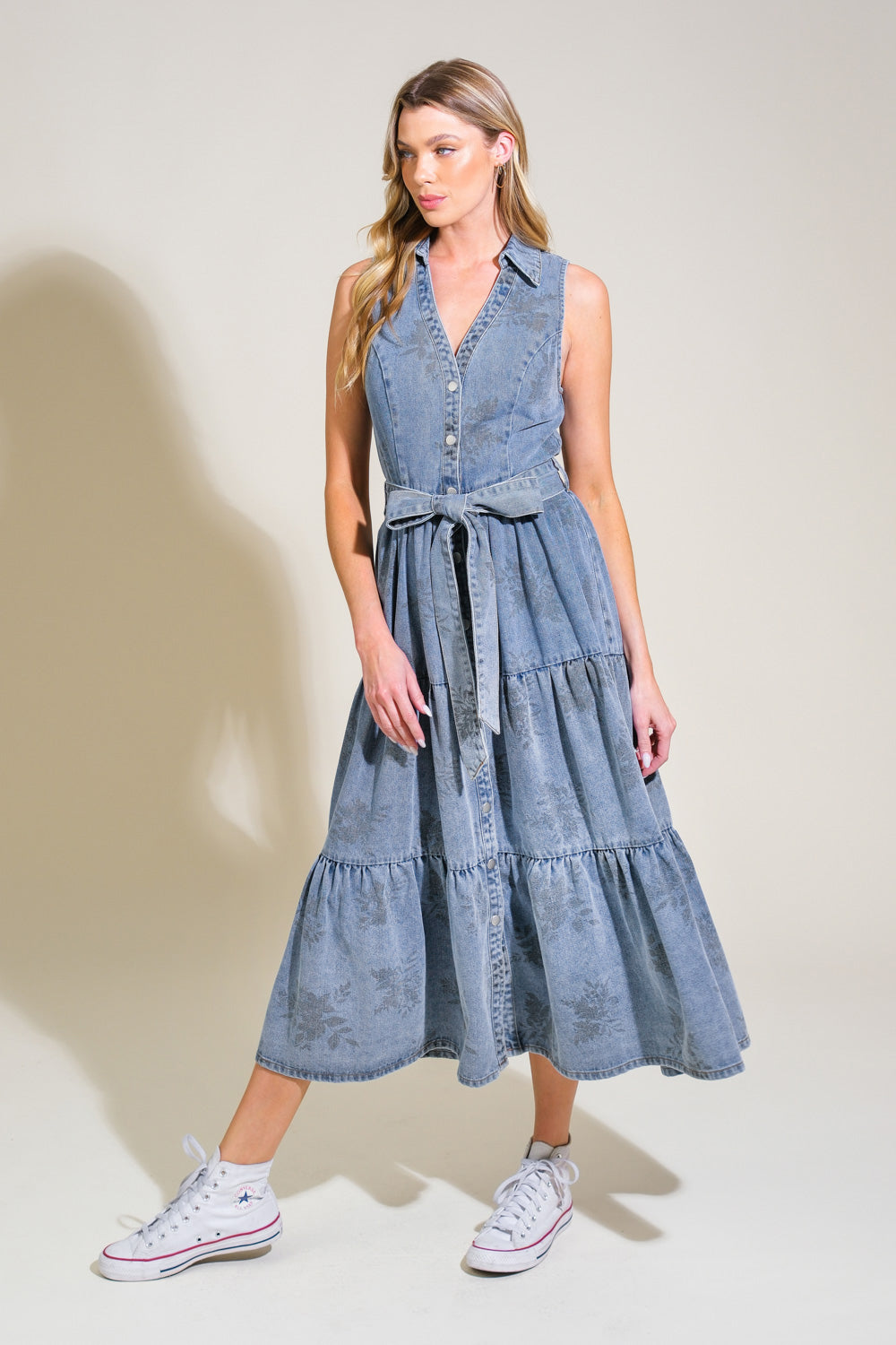 BLUE NAVY Tiered V-Neck Button Up Sleeveless Denim Midi Dress | Trendy Midi Dresses Outfit Idea for Women by Ro + Ivy | Elevated Basics, Modern Comfort & Style