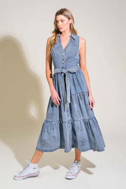 BLUE NAVY Tiered V-Neck Button Up Sleeveless Denim Midi Dress | Trendy Midi Dresses Outfit Idea for Women by Ro + Ivy | Elevated Basics, Modern Comfort & Style