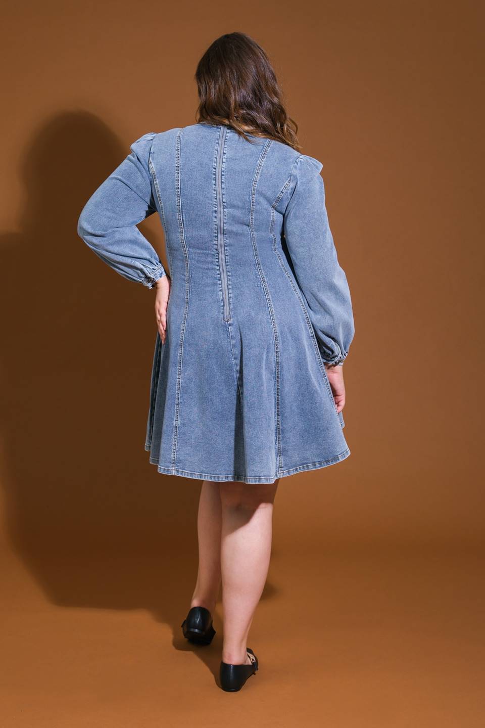 Demure Denim Bishop Sleeves Mini Dress Trendy Mini Dresses Outfit Idea for Women | Ro + Ivy