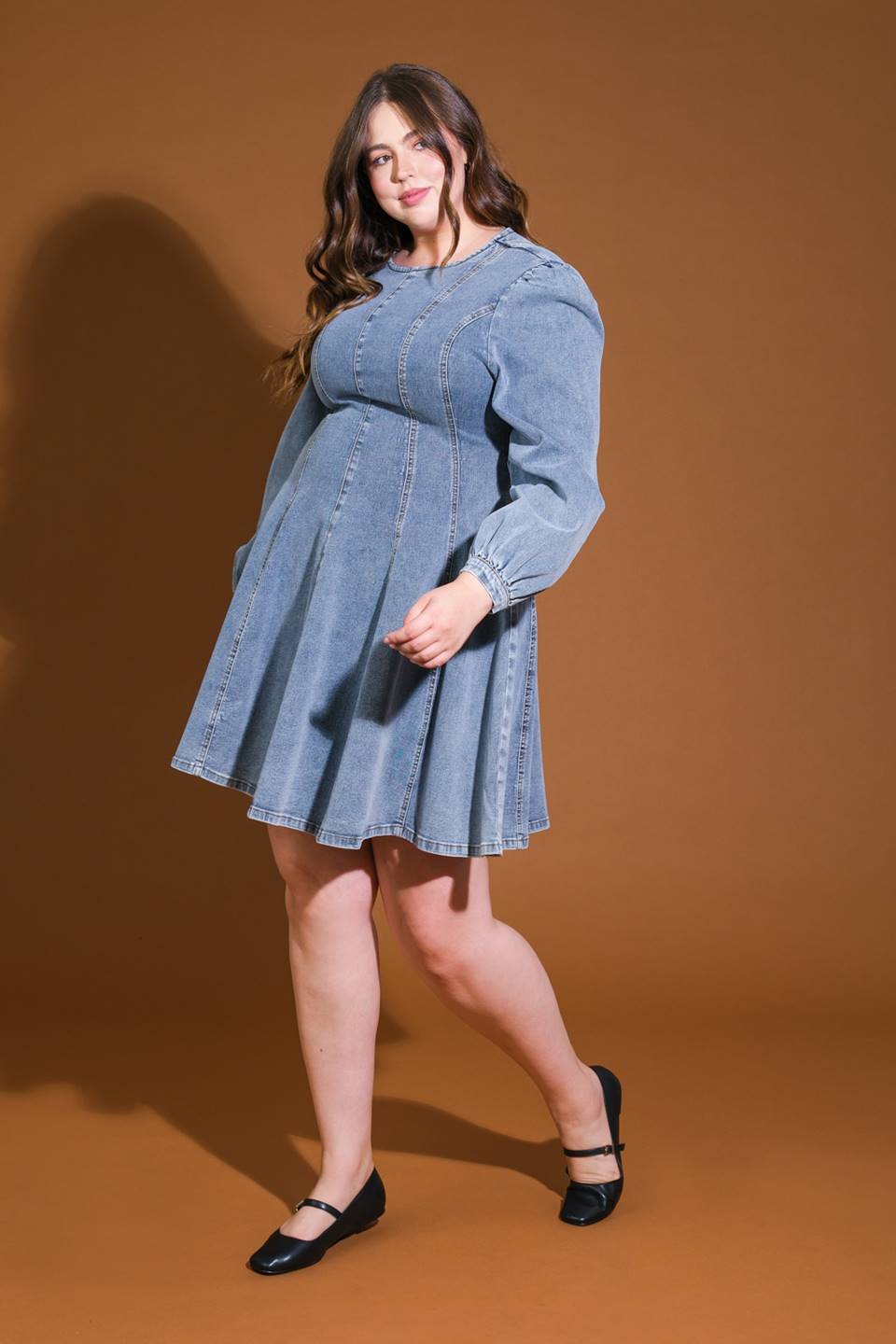 Demure Denim Bishop Sleeves Mini Dress Trendy Mini Dresses Outfit Idea for Women | Ro + Ivy