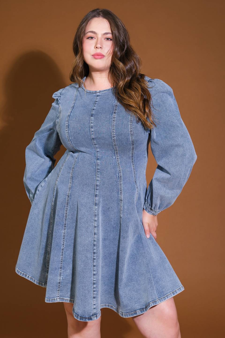 Demure Denim Bishop Sleeves Mini Dress Trendy Mini Dresses Outfit Idea for Women | Ro + Ivy