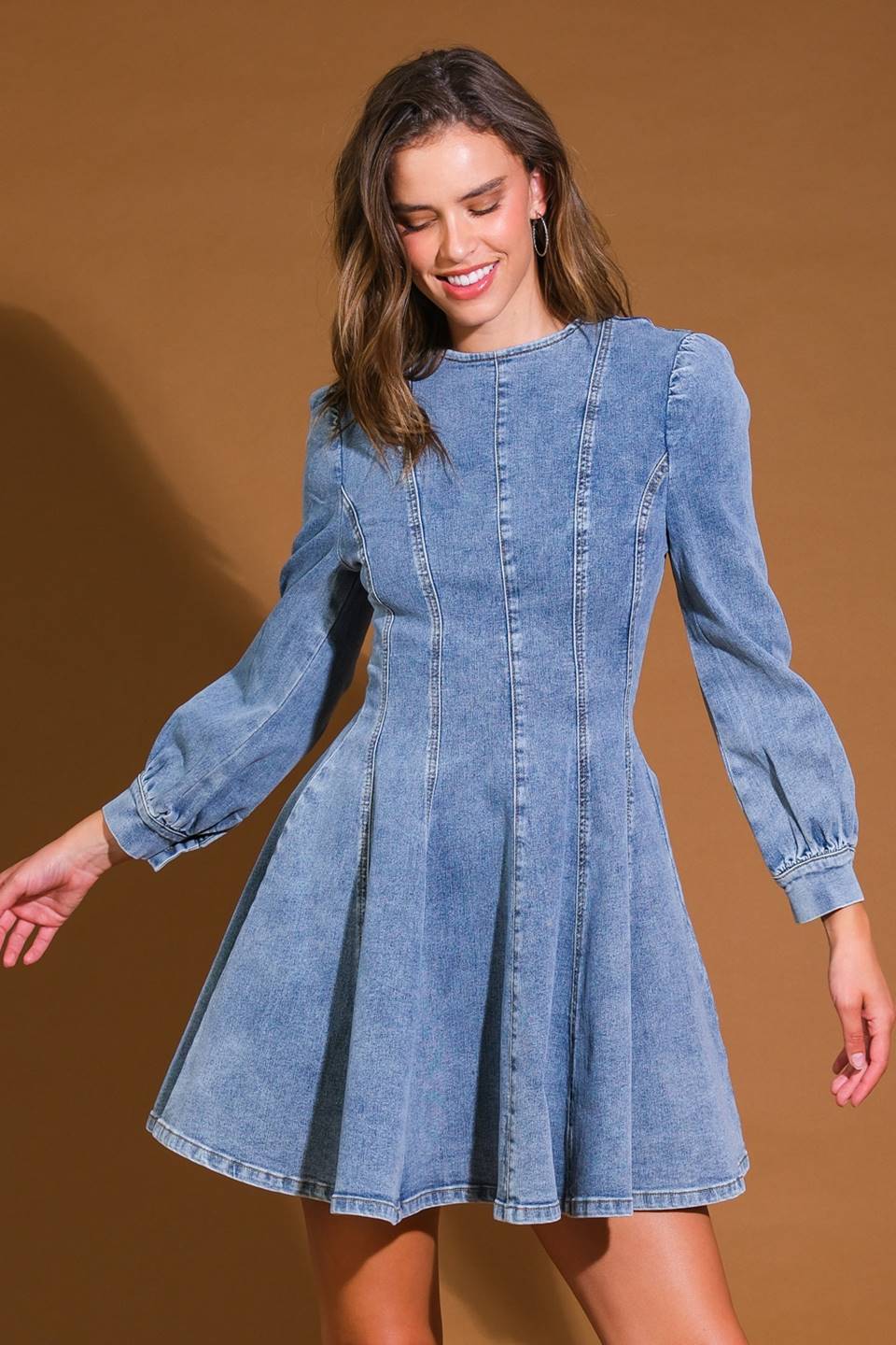 Demure Denim Bishop Sleeves Mini Dress Trendy Mini Dresses Outfit Idea for Women | Ro + Ivy