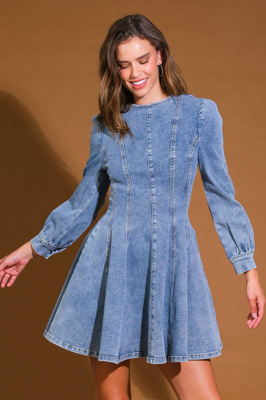 Demure Denim Bishop Sleeves Mini Dress Trendy Mini Dresses Outfit Idea for Women | Ro + Ivy