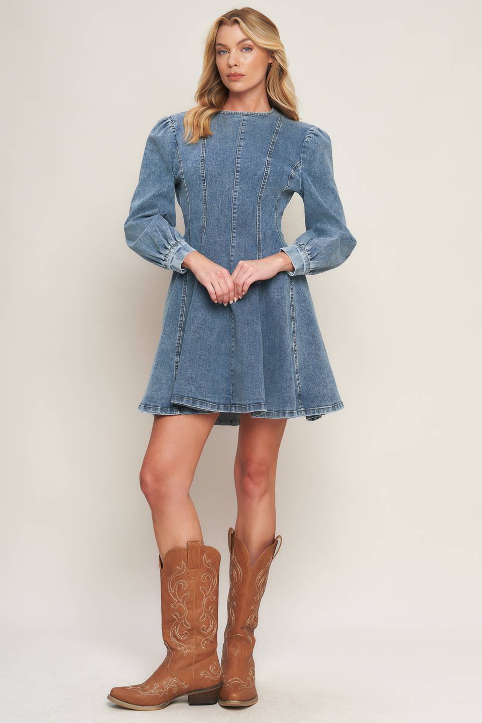 Demure Denim Bishop Sleeves Mini Dress | Trendy Mini Dresses Outfit Idea for Women by Ro + Ivy | Elevated Basics, Modern Comfort & Style