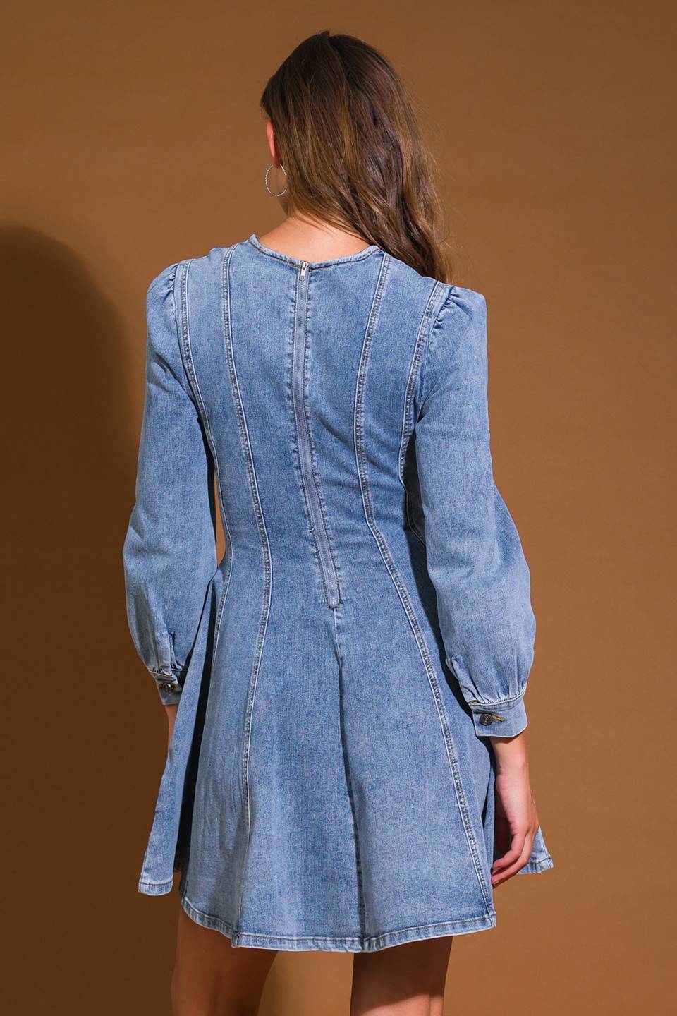 Demure Denim Bishop Sleeves Mini Dress Trendy Mini Dresses Outfit Idea for Women | Ro + Ivy