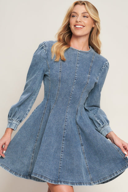 Demure Denim Bishop Sleeves Mini Dress | Trendy Mini Dresses Outfit Idea for Women by Ro + Ivy | Elevated Basics, Modern Comfort & Style