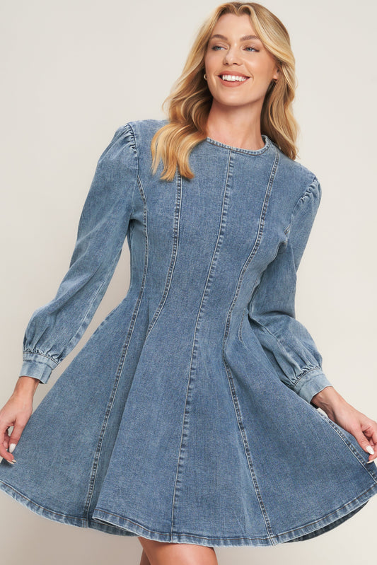 Demure Denim Bishop Sleeves Mini Dress | Trendy Mini Dresses Outfit Idea for Women by Ro + Ivy | Elevated Basics, Modern Comfort & Style