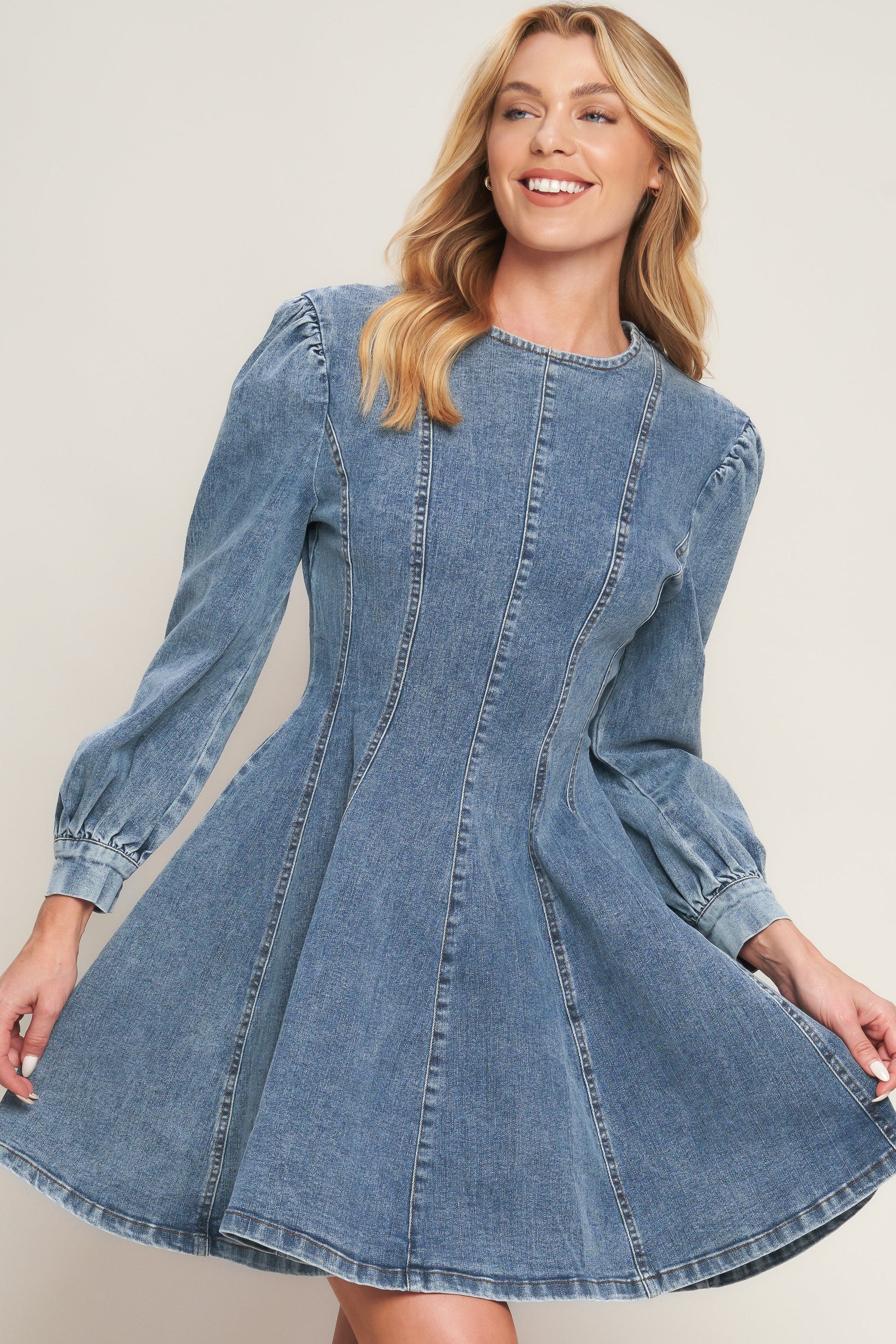 Demure Denim Bishop Sleeves Mini Dress | Trendy Mini Dresses Outfit Idea for Women by Ro + Ivy | Elevated Basics, Modern Comfort & Style