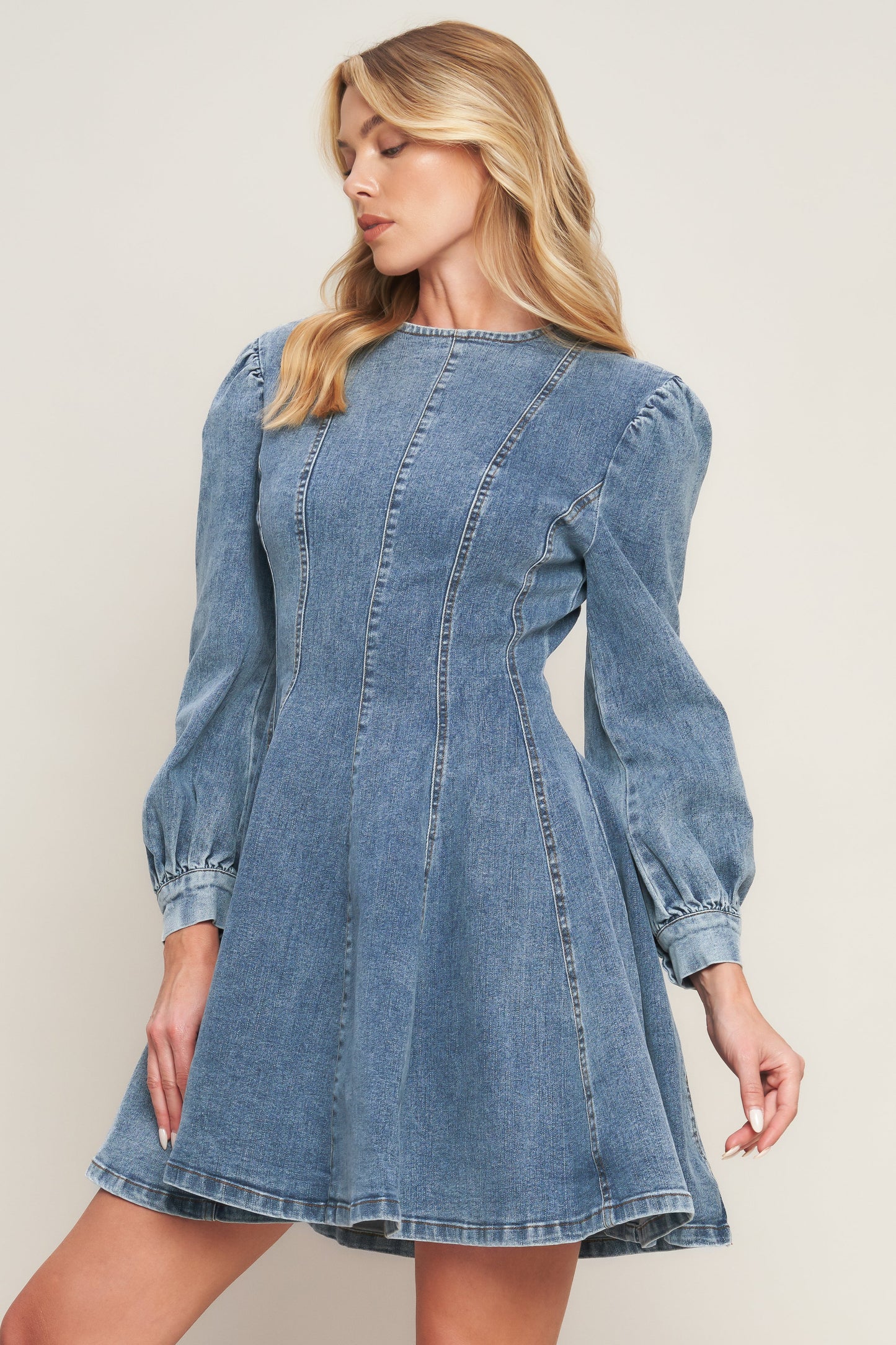 BLUE ACID Demure Denim Bishop Sleeves Mini Dress | Trendy Mini Dresses Outfit Idea for Women by Ro + Ivy | Elevated Basics, Modern Comfort & Style