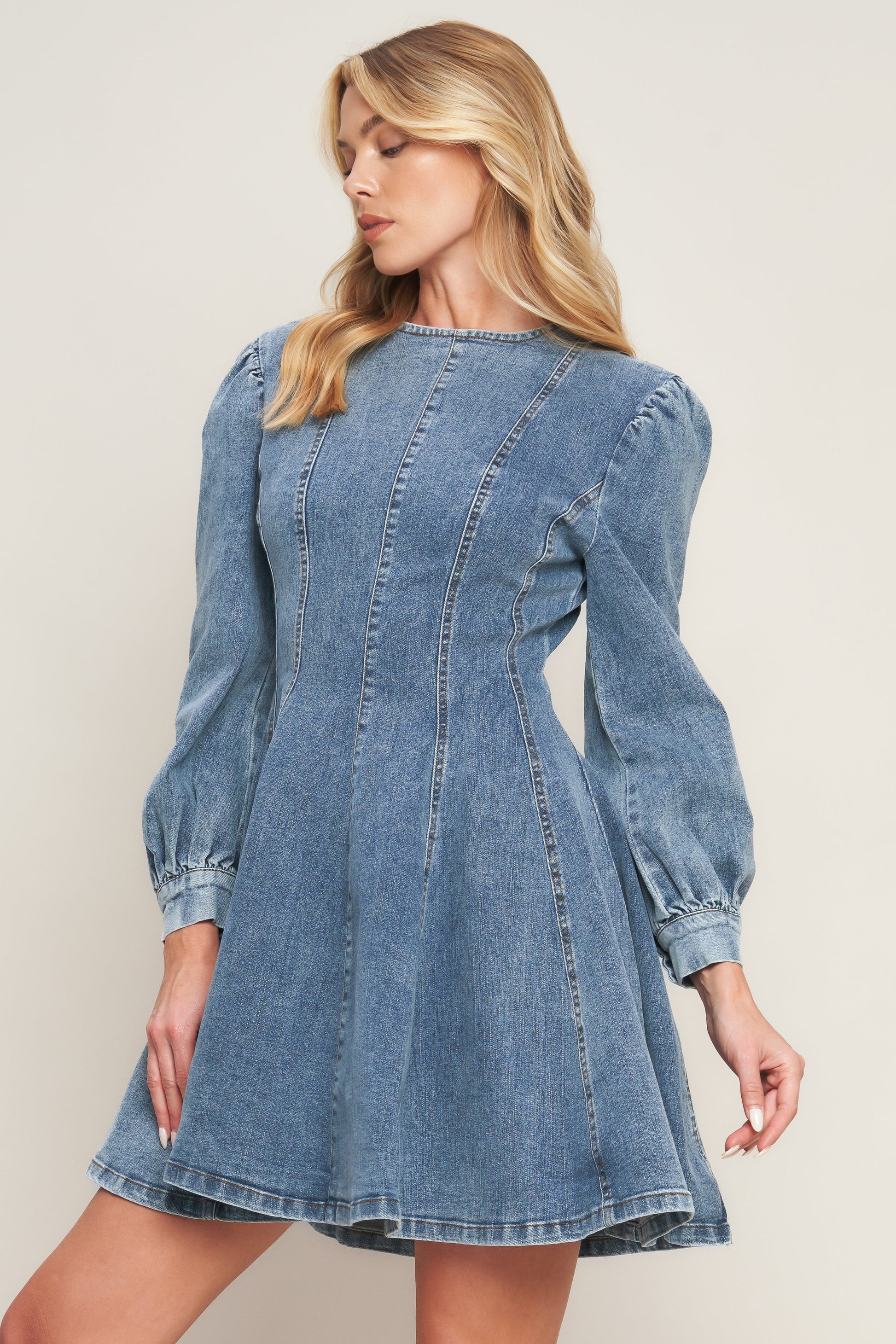 BLUE ACID Demure Denim Bishop Sleeves Mini Dress | Trendy Mini Dresses Outfit Idea for Women by Ro + Ivy | Elevated Basics, Modern Comfort & Style