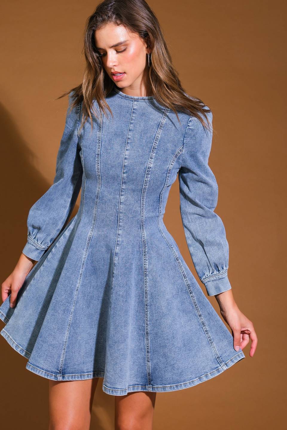 Demure Denim Bishop Sleeves Mini Dress Trendy Mini Dresses Outfit Idea for Women | Ro + Ivy