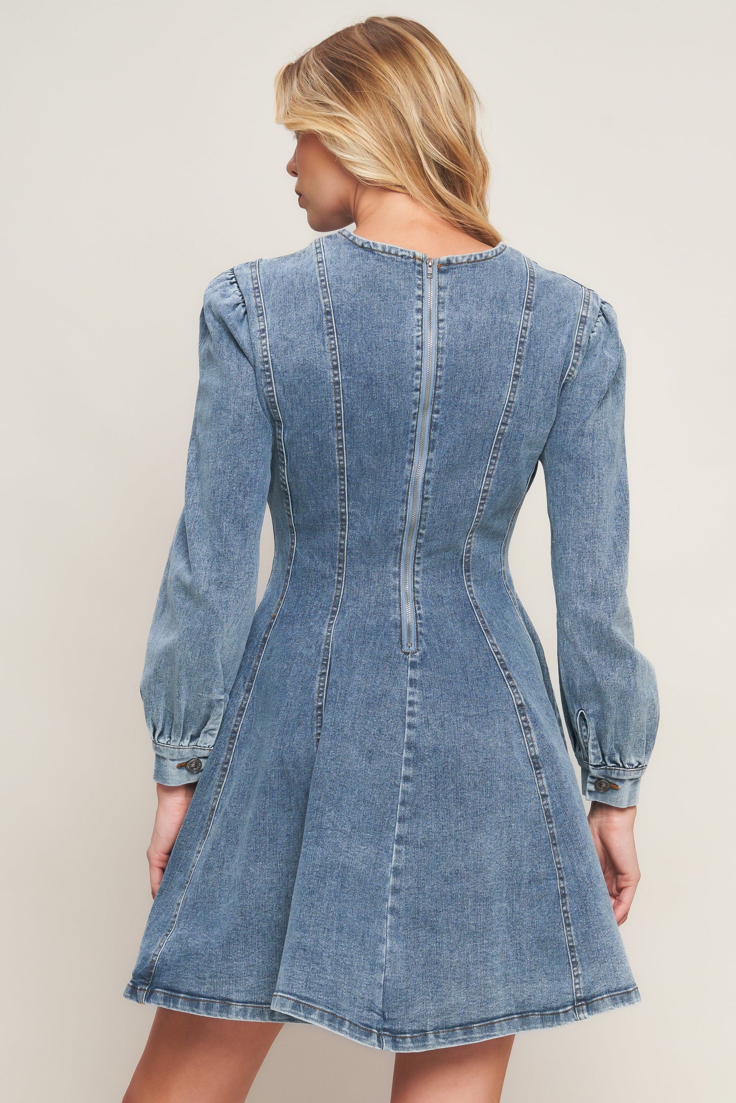 Demure Denim Bishop Sleeves Mini Dress | Trendy Mini Dresses Outfit Idea for Women by Ro + Ivy | Elevated Basics, Modern Comfort & Style