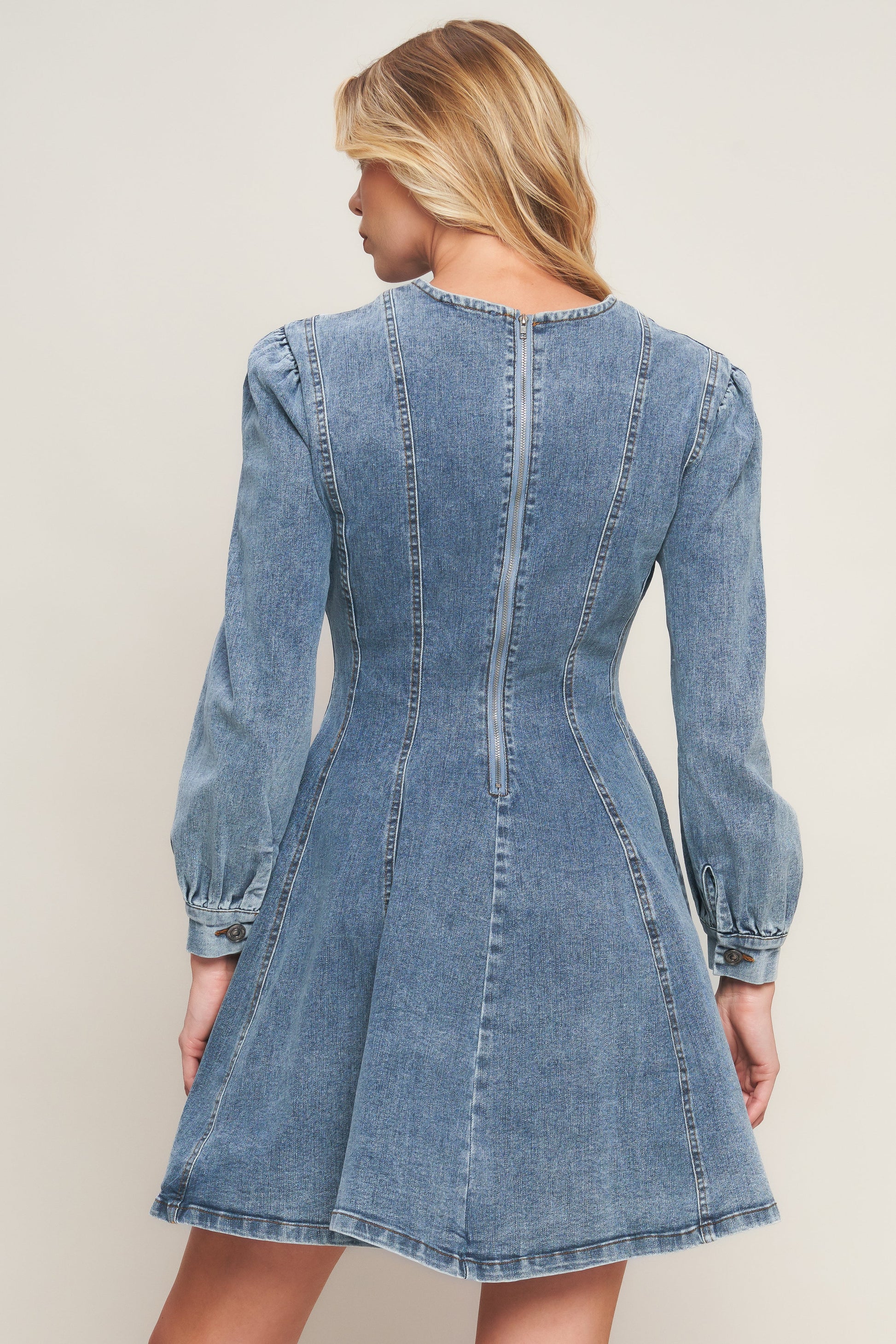 Demure Denim Bishop Sleeves Mini Dress | Trendy Mini Dresses Outfit Idea for Women by Ro + Ivy | Elevated Basics, Modern Comfort & Style