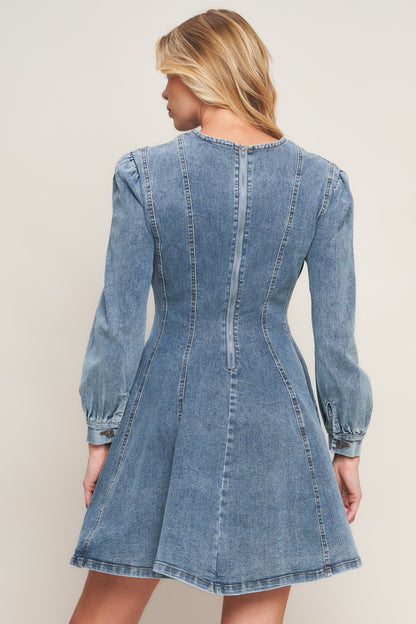 Demure Denim Bishop Sleeves Mini Dress | Trendy Mini Dresses Outfit Idea for Women by Ro + Ivy | Elevated Basics, Modern Comfort & Style