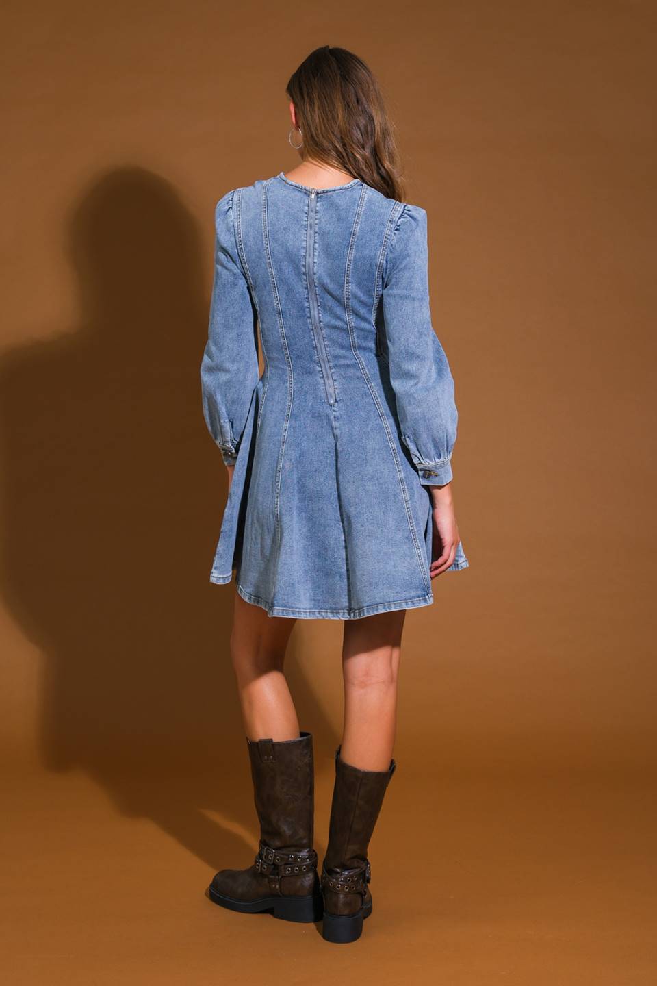 Demure Denim Bishop Sleeves Mini Dress Trendy Mini Dresses Outfit Idea for Women | Ro + Ivy