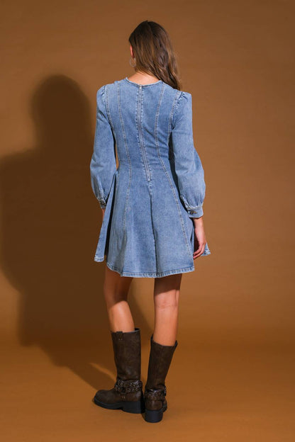 Demure Denim Bishop Sleeves Mini Dress Trendy Mini Dresses Outfit Idea for Women | Ro + Ivy