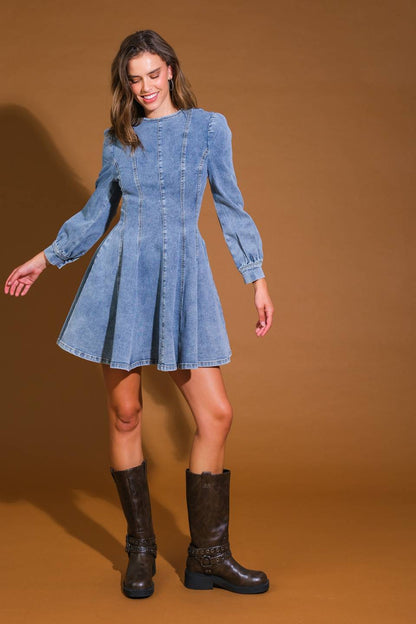 Demure Denim Bishop Sleeves Mini Dress Trendy Mini Dresses Outfit Idea for Women | Ro + Ivy