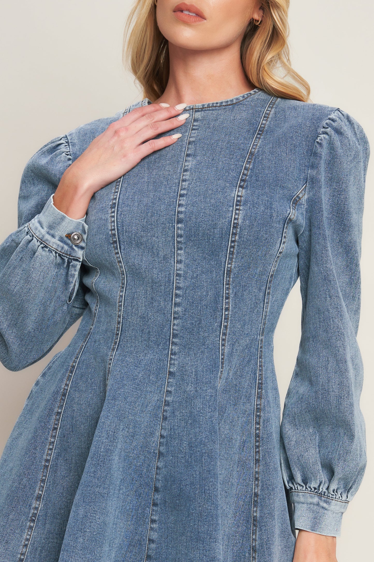 Demure Denim Bishop Sleeves Mini Dress | Trendy Mini Dresses Outfit Idea for Women by Ro + Ivy | Elevated Basics, Modern Comfort & Style