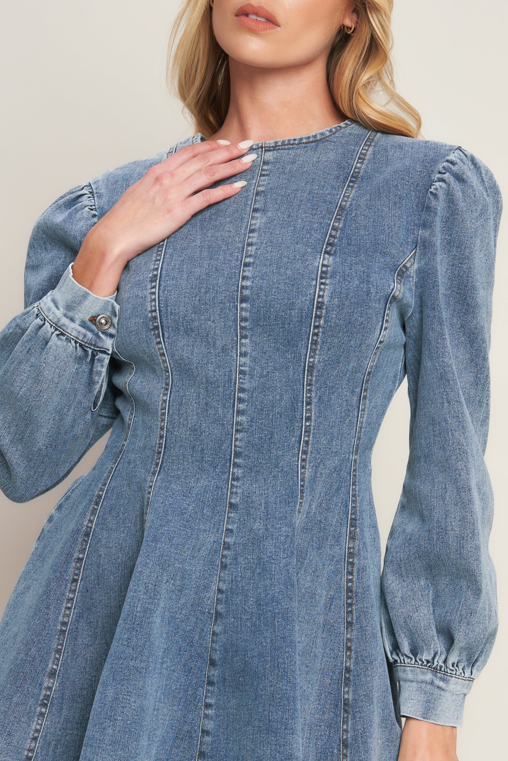 Demure Denim Bishop Sleeves Mini Dress | Trendy Mini Dresses Outfit Idea for Women by Ro + Ivy | Elevated Basics, Modern Comfort & Style