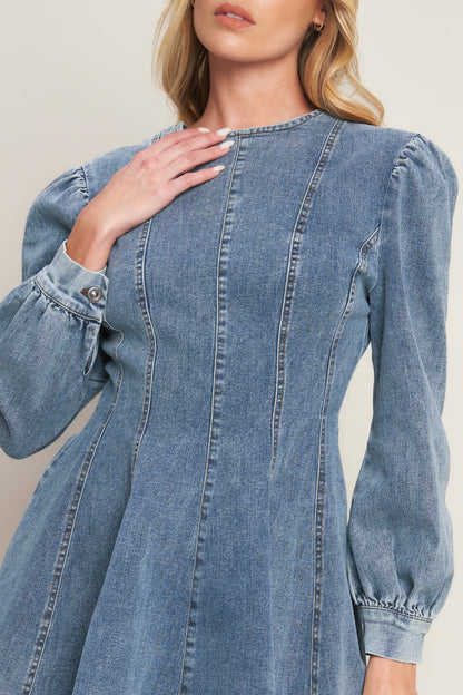 Demure Denim Bishop Sleeves Mini Dress | Trendy Mini Dresses Outfit Idea for Women by Ro + Ivy | Elevated Basics, Modern Comfort & Style