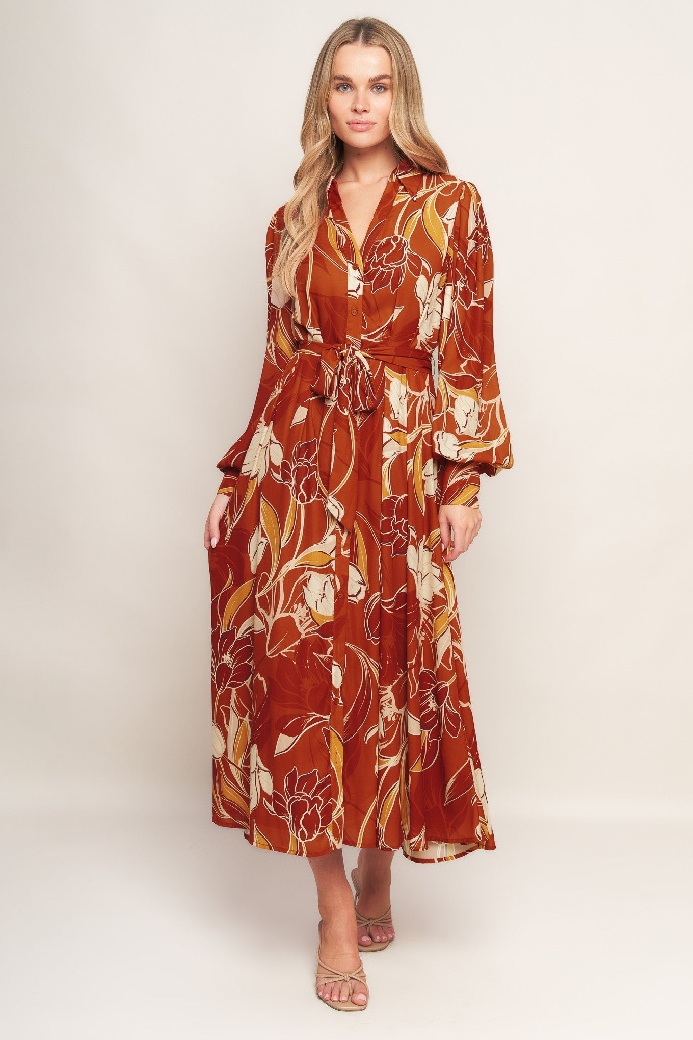 Boho V Neck Midi Dress with Bishop Sleeves Trendy Midi Dresses Outfit Idea for Women | Ro + Ivy